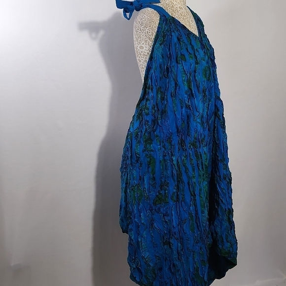 Women's Blue Textured Asymmetrical Wide Leg Shoulder Tie Pockets Jumpsuit Romper - Picture 5 of 14